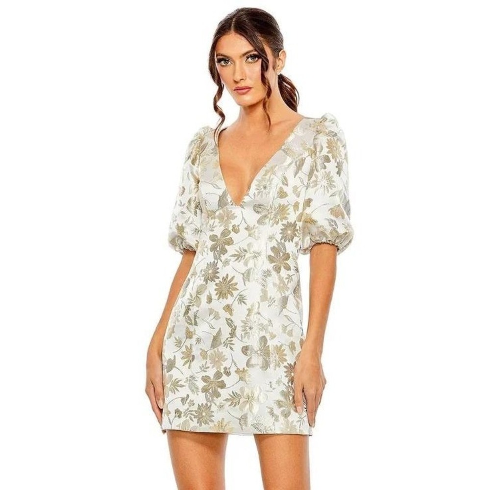 Ieena for Mac Duggal 49621 Dress Women 8 White Gold Floral Brocade Puff Sleeve